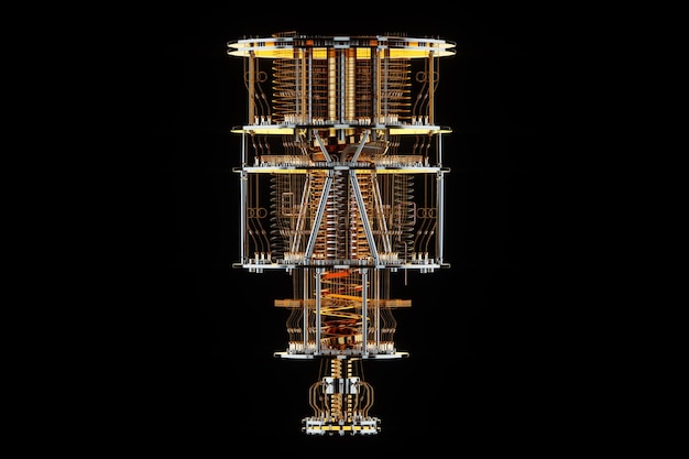 Quantum computer isolated on black Golden gear quantum computing quantum cryptography steampunk Q bits parallel computing 3D illustration 3D render