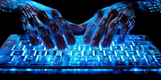 rapidfingered hackers typing on lit cyberpunk keyboard with code reflections concept cyberpunk aesthetic rapid typing coding reflections hacker vibes