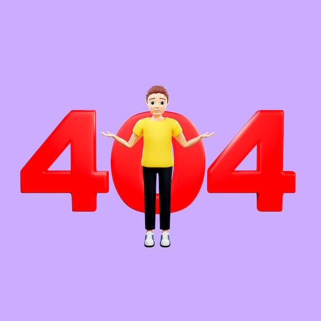 Raster illustration of man with an error of four hundred and four Young guy in a yellow tshirt standing sad and frustrated because of a mistake that was highlighted on the website 3d render artwork