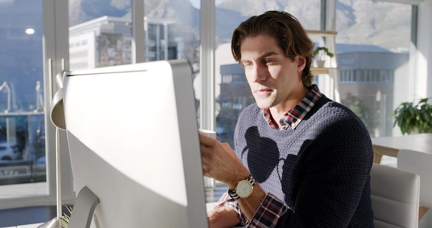 Reading web design and man on computer for research for creative website and digital footprint Layout database and front end developer with pc for online project system or domain registration