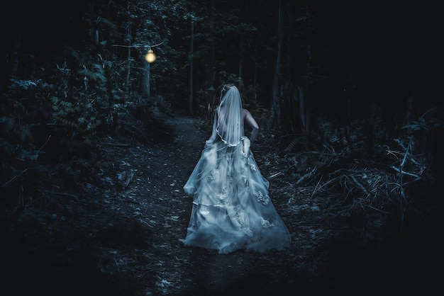 rear view of bride running in forest