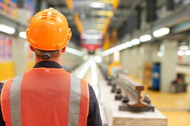 Rear view of electric train industry engineer wearing a safety helmet and reflective vest There is an electric car in the car repair factory as the background image