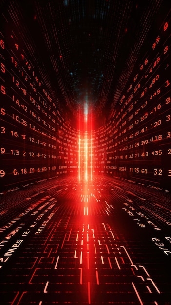 Red abstract binary code background with glowing light rays and digital numbers for technology conce