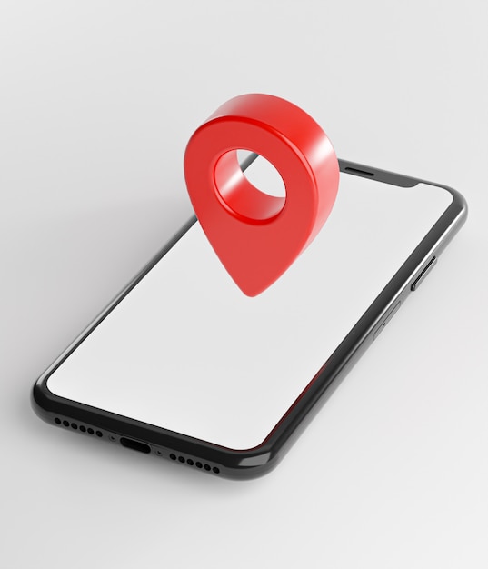 Red GPS Pin on Smartphone.  Template Screen 3D Rendering