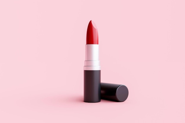 Red lipstick closeup on pink background