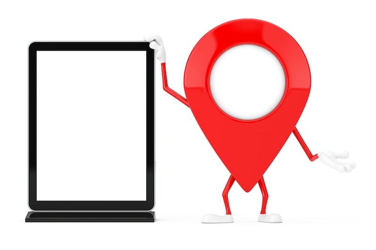 Photo red map pointer target pin character mascot with blank trade show lcd screen display stand as template for your design on a white background. 3d rendering