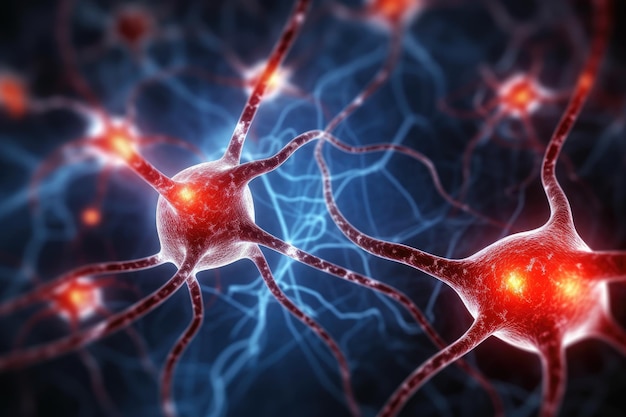 Red neural network with glowing synapses of brain neurons transmitting electric impulses
