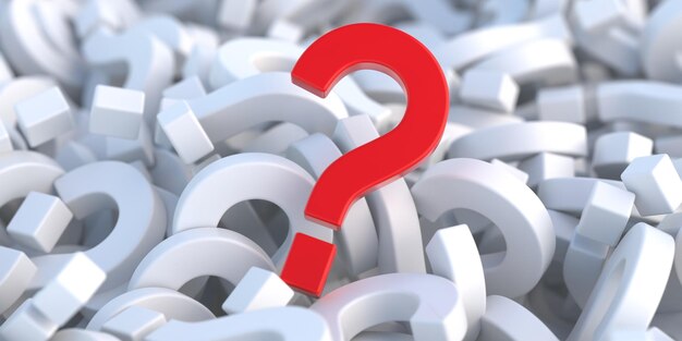 red question mark on white color questionmarks pile background wondering why sign 3d illustration