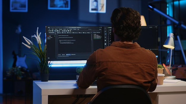 remote software developer arriving in office at home starting job shift