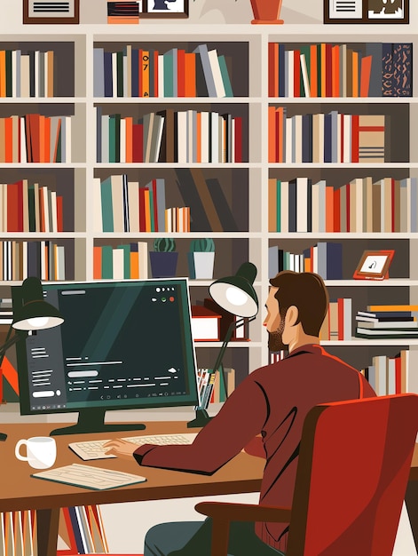 Remote worker in home office with bookshelves in the background