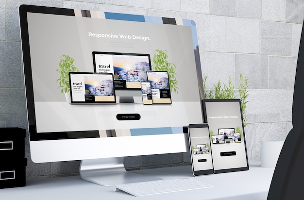Responsive devices showing responsive web design on desktop 3d rendering