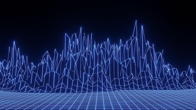 Retro fantastic background of the 80s Mountain wireframe landscape Futuristic blue neon scenery