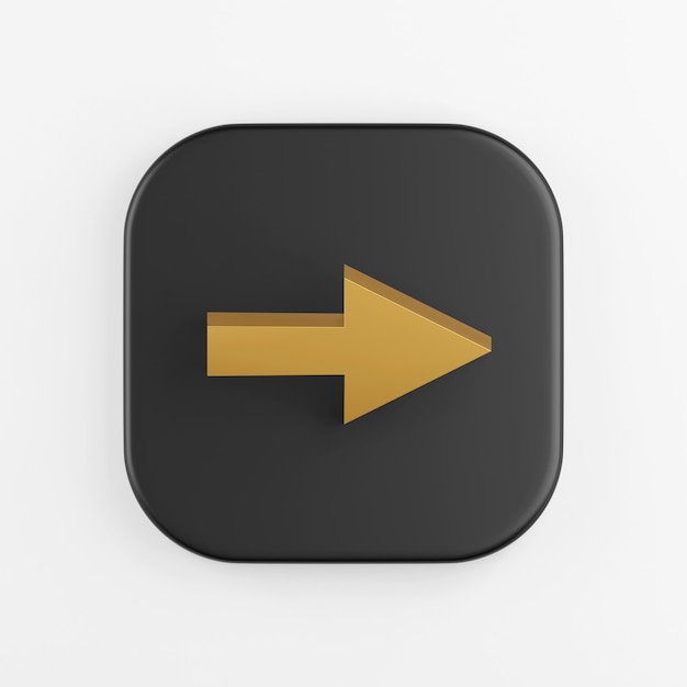Right arrow gold icon. 3D rendering of black square key button, interface ui ux element.