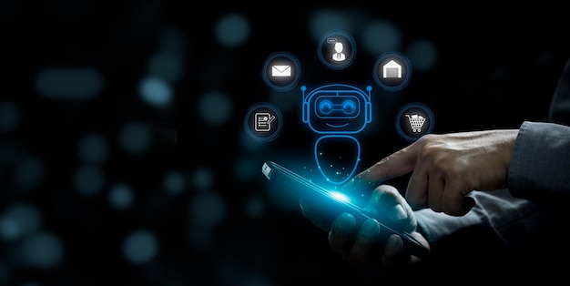 robot ai artificial intelligence big data and marketing planning sale information and research development Hand using smartphone digital technology