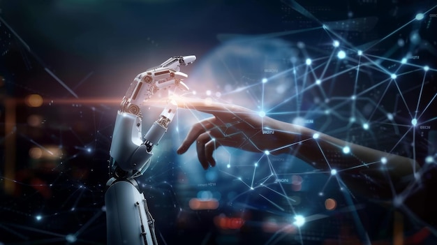 robot and human hand touching on network connection