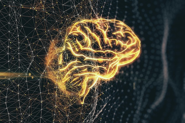Robot artificial intelligence and network technologies concept with bright yellow firing human brain made from neural grid on abstract dark background 3D rendering