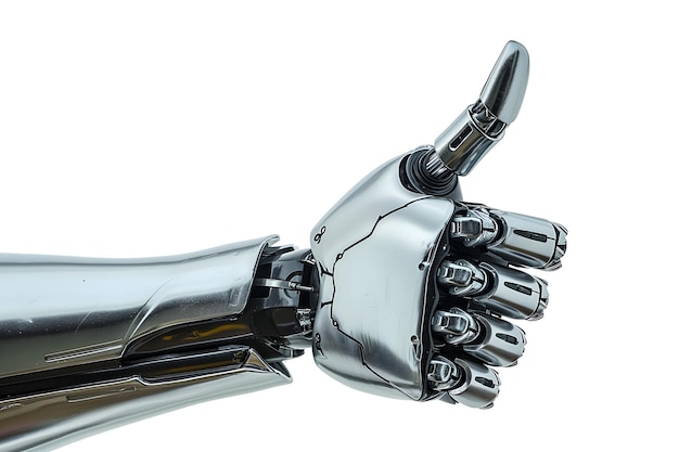robot hand with thumb up gesture closeup on white background