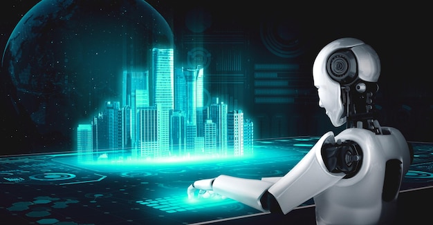 Robot hominoid use laptop and sit at table for global network connection