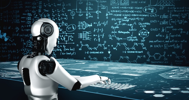 robot humanoid use laptop and sit at table for engineering science studying