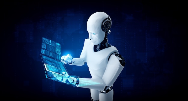 robot humanoid use mobile phone or tablet for big data analytic