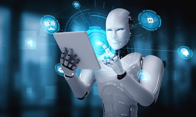 robot humanoid using tablet computer in concept of ai thinking brain