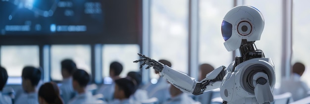 Robot instructor in front of children in a modern classroom AI transforming education