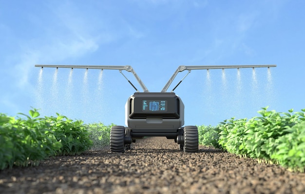 robot spraying fertilizer in the vegetable garden