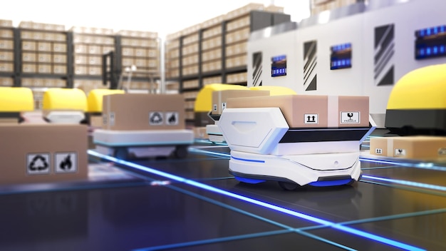 Robot transportation and cargo handlingusing automation in product managementWarehousing and Technology Connections3d rendering