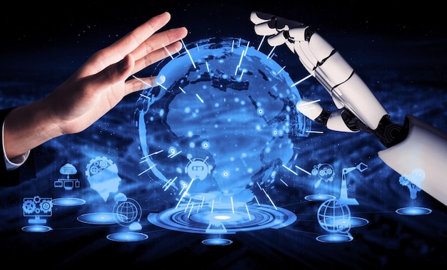 Robot trí tuệ nhân tạo và cyborg kết xuất 3D trong tương lai