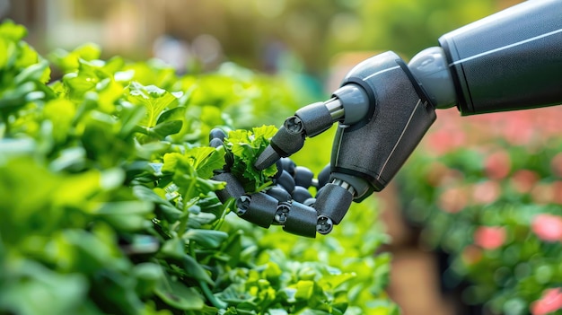 Robotic arm tending to plants in a modern agricultural setup