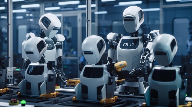 Robotic Assembly Line GR12 Robots Collaborating in HighTech Factory Using Tools for Precision Tasks Automated Manufacturing with Robots Performing Assembly in a Modern Facility