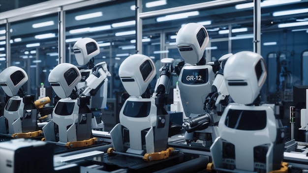 Robotic Assembly Line GR12 Robots Collaborating in HighTech Factory Using Tools for Precision Tasks Automated Manufacturing with Robots Performing Assembly in a Modern Facility
