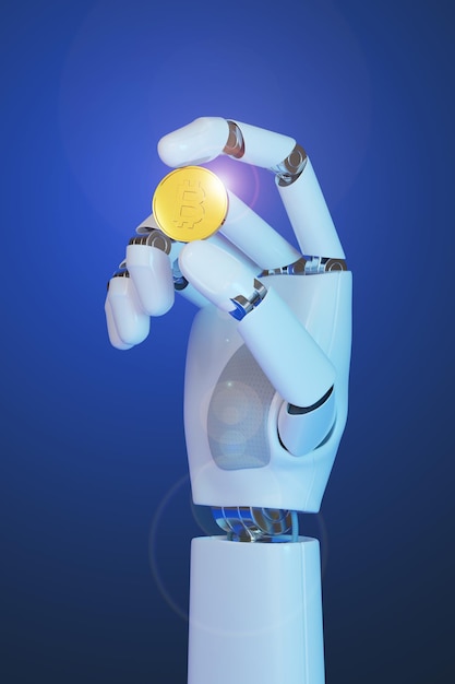 robotic hand holding an bitcoin on blue background 3d illustration