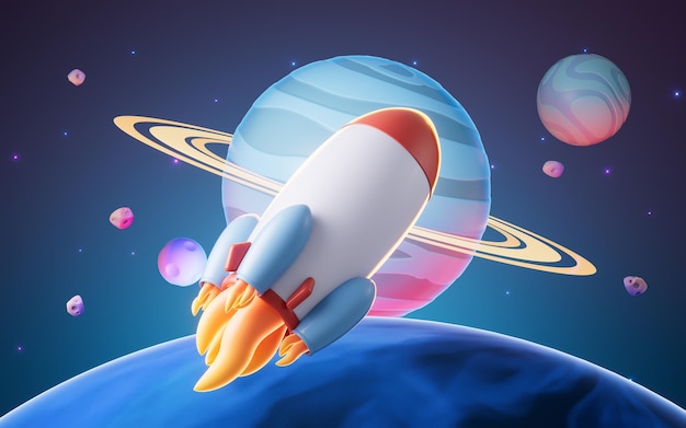 Rocket and outer space 3d rendering