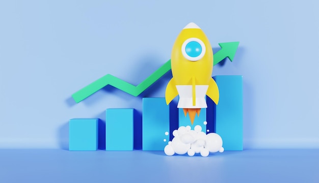 Rocket rising moving up with growing graph bar marketing
