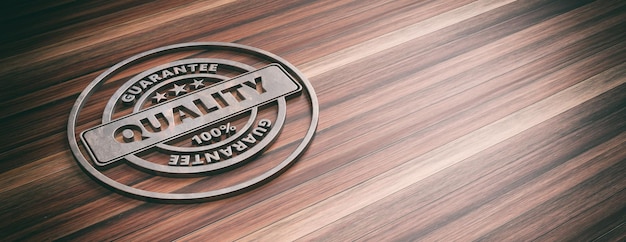 Round metal sign with text quality on wooden background banner copy space 3d illustration