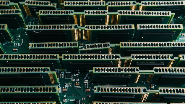 Rows of computer memory modules closely packed rendering an abstract pattern of technology and circuitry