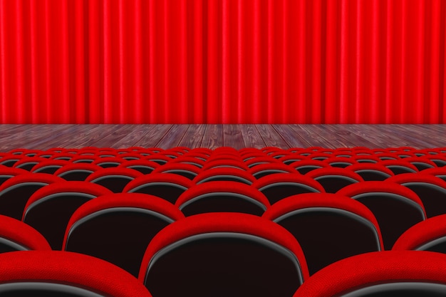 rows of red cinema or theater seats in front of cinema or theater scene with red curtain on a white background. 3d rendering