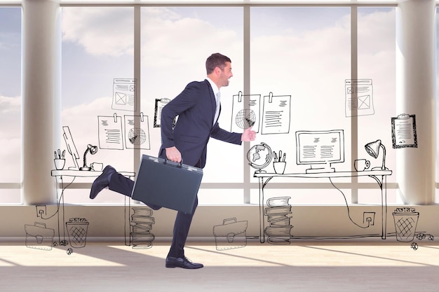 Running businessman against doodle office with beside window