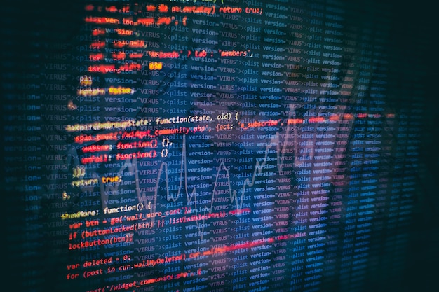 running computer data / www programming. coding script text on screen. notebook closeup photo.