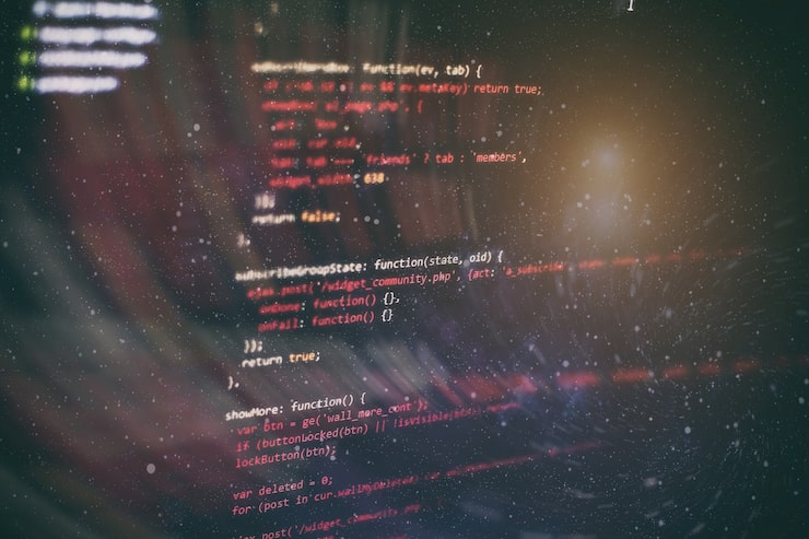 Photo running computer data / www programming. coding script text on screen. notebook closeup photo.
