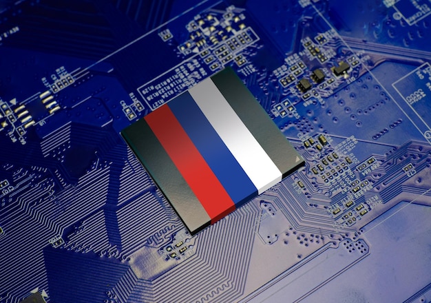 Russian flag on CPU operating chipset computer electronic circuit board