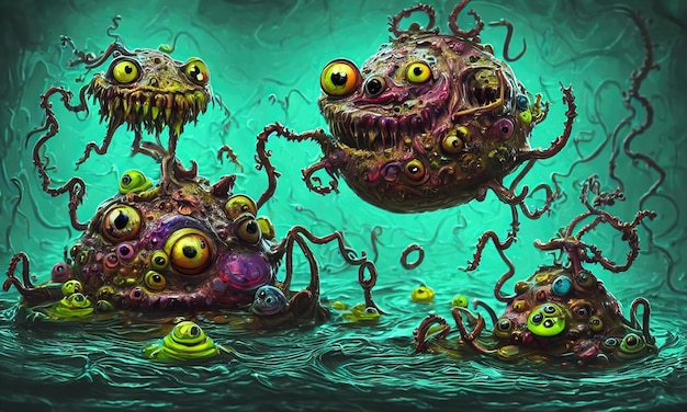 Scary little mud monsters from the sewers Toothy creatures made of mud with big eyes and sharp teeth Monsters under the rim of the toilet 3d illustration