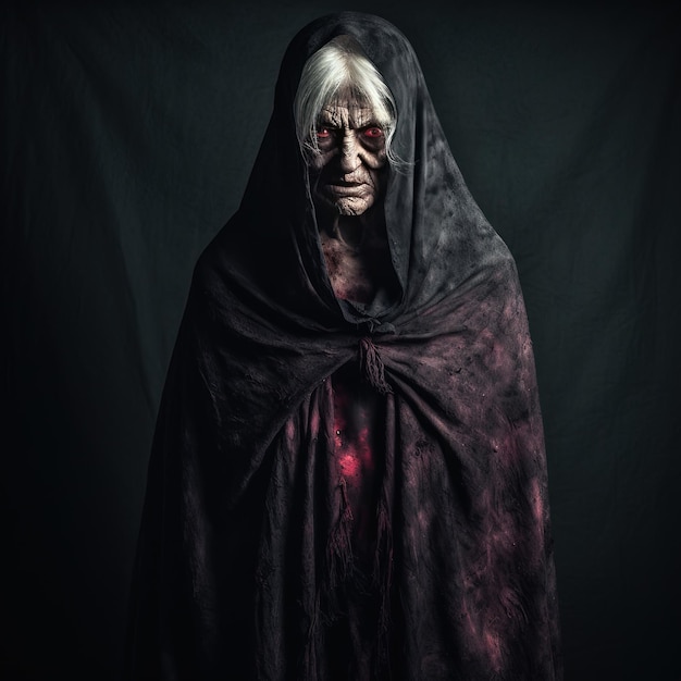 scary woman in death costume holding burning torch on black background ai generative