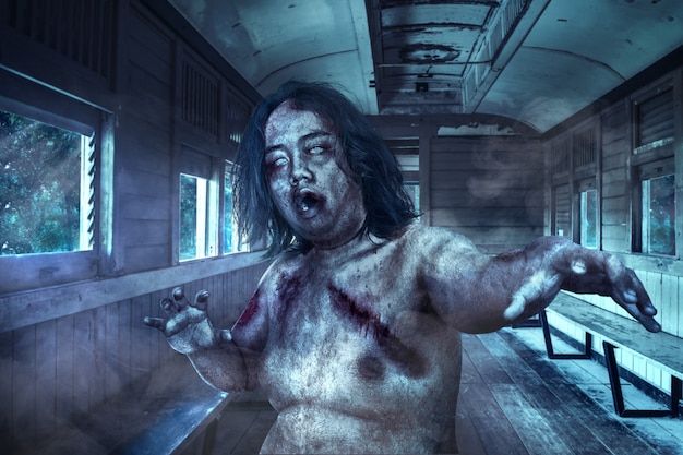 scary zombies with blood and wound on his body walking in the old wagon