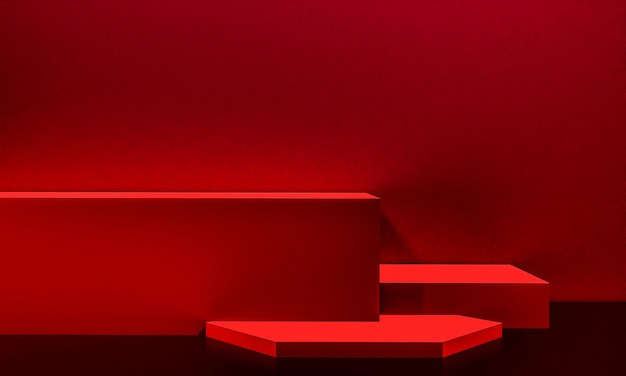 Scene with red color podium for mock up presentation in minimalism style with copy space, 3d render abstract background design