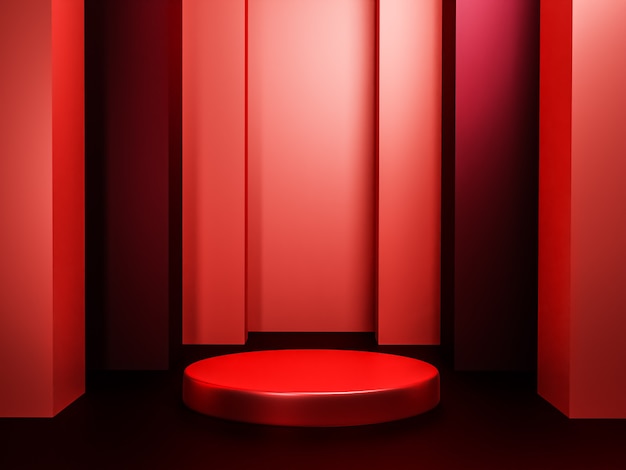 Scene with red color podium for mock up presentation in minimalism style with copy space, 3d render abstract background design