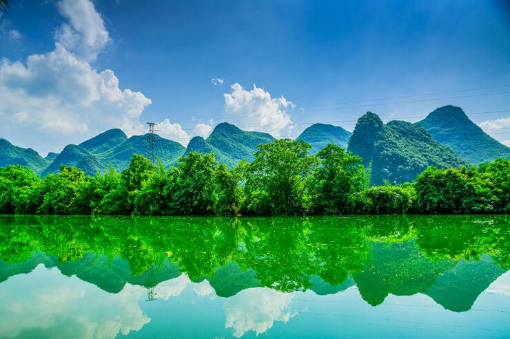 Photo scenic view of lake by trees against sky