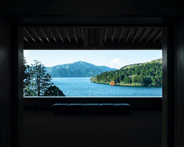 scenic view of river seen through window