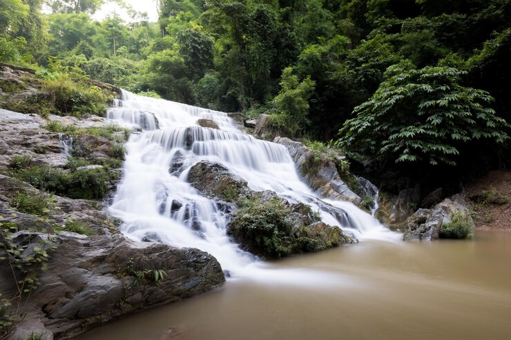 Photo scenic view of waterfall in forest